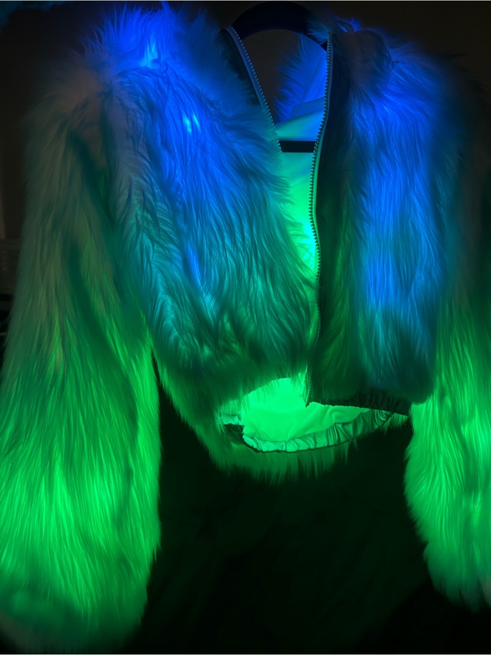 Light up Faux Fur Cropped Jacket in Green & Blue